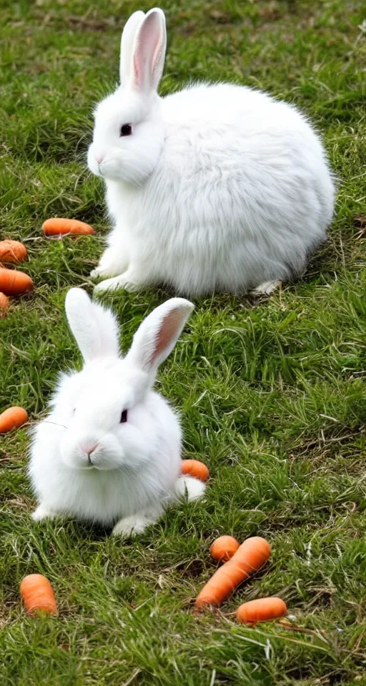 Prompt: lop-eared white bunny with black spots in a grassy field surrounded by carrots