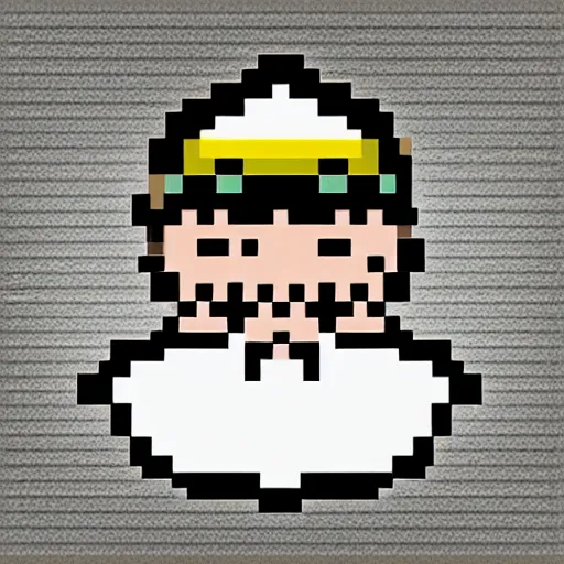 Prompt: 32x32 pixel art of an old grumpy ship captain, white beard, white cap, black coat, yellow background