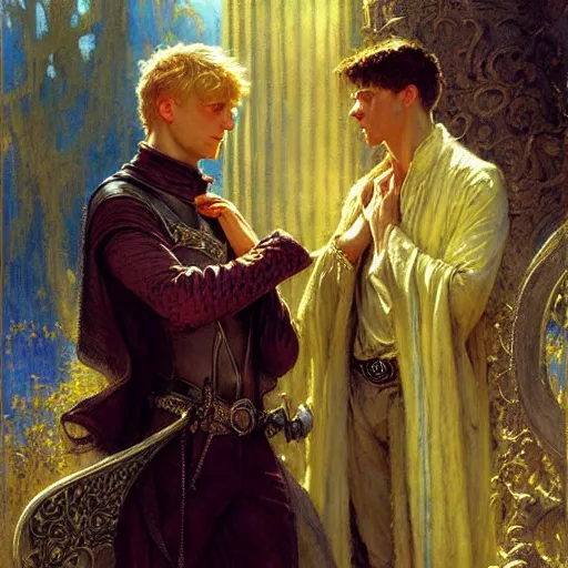 Image similar to handsome arthur pendragon in love with handsome merlin the mage. merlin is also in love with arthur. highly detailed painting by gaston bussiere, craig mullins, j. c. leyendecker