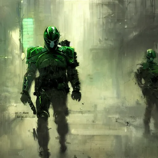 Image similar to green rangers, realistic, ultrahd, jeremy mann painting