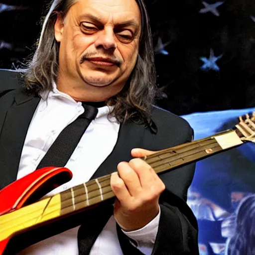 Image similar to heavy metal viktor orban with a flying v guitar