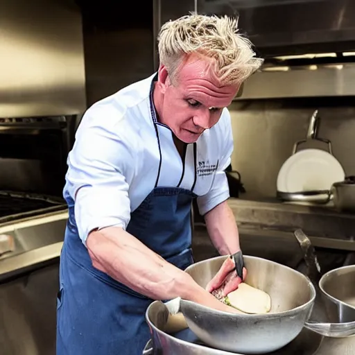 Image similar to Gordon Ramsey preparing a soup from concrete