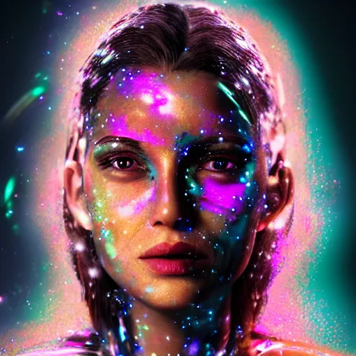 Image similar to woman portrait made out of galaxies, beautiful, cyborg, comic book art, realistic, highly detailed, octane render
