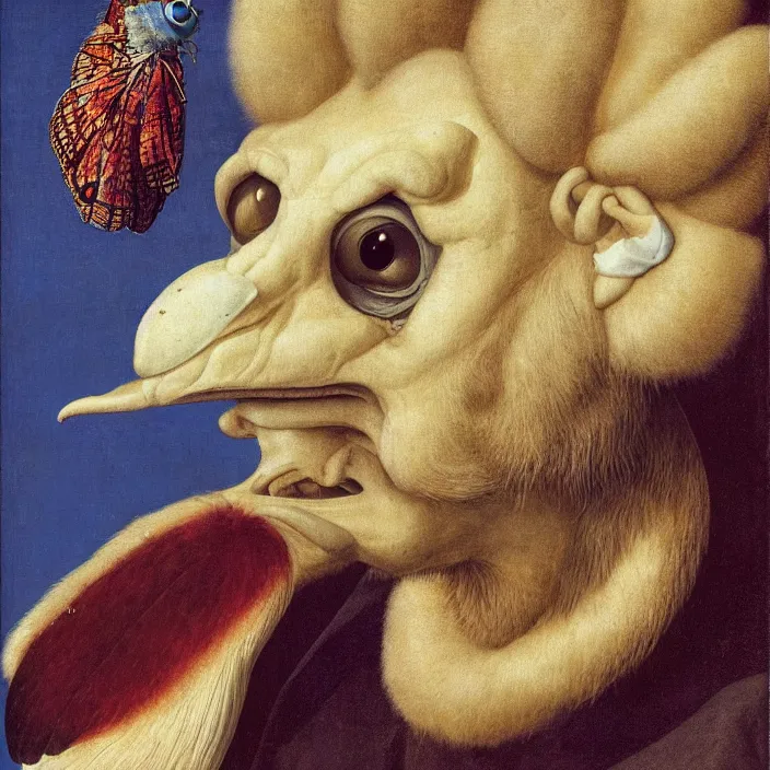 Prompt: close up portrait of a mutant monster creature with white fluffy moth pouf, exotic lily ears, delicate blue conch corns, snout. by jan van eyck, walton ford