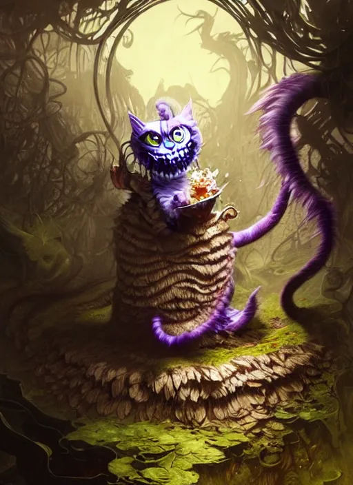 Prompt: sinister cheshire cat in hell, concept art, digital illustration, by rossdraws, frank franzzeta, intricate, masterpiece, elegant, hyper detailed, artstation, unreal engine rendered, concept art, smooth, sharp focus, illustration, art by artgerm and greg rutkowski and alphonse mucha and garis edelweiss