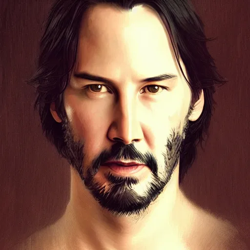 Image similar to portrait of keanu reeves, fantasy, intricate, elegant, highly detailed, digital painting, artstation, concept art, smooth, sharp focus, illustration, art by artgerm and greg rutkowski and alphonse mucha