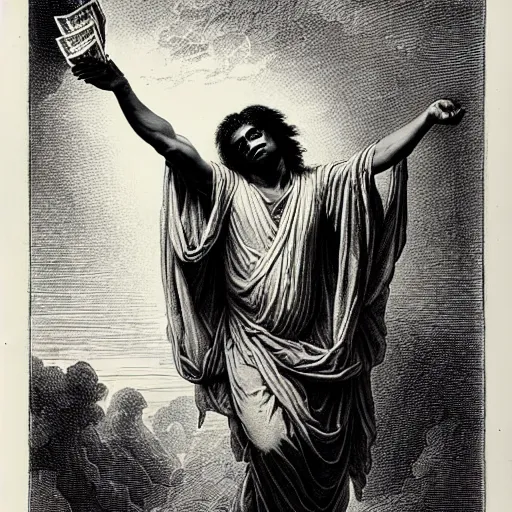 Prompt: lucki rapper ascending into heaven holding stacks of cash, biblical image, style of gustave dore, highly detailed, beautiful, high contrast, black and white