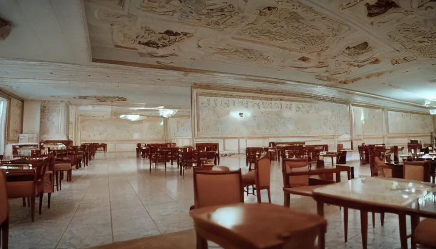 Prompt: 2010s movie still of empty north-korean royal restaurant palace, Cinestill 800t 35mm, heavy grain, high quality, higly detailed