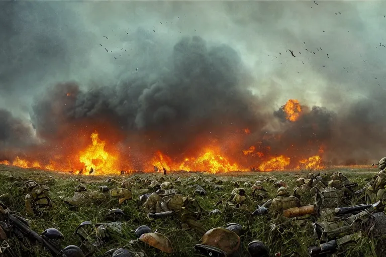 Image similar to chaotic battlefield, multiple soldiers!, thick dark smoke!, vehicles on fire, heavy rain from thick clouds, storm, overgrowth, forest, (mushroom cloud) in the background, bleak, melancholy atmosphere, bird flock flying to the horizon, band of brothers, bf1942, 4k impressionism painting by Gregory Crewdson and Grzegorz Domaradzki and Ivan Shishkin and Jakub Rozalski