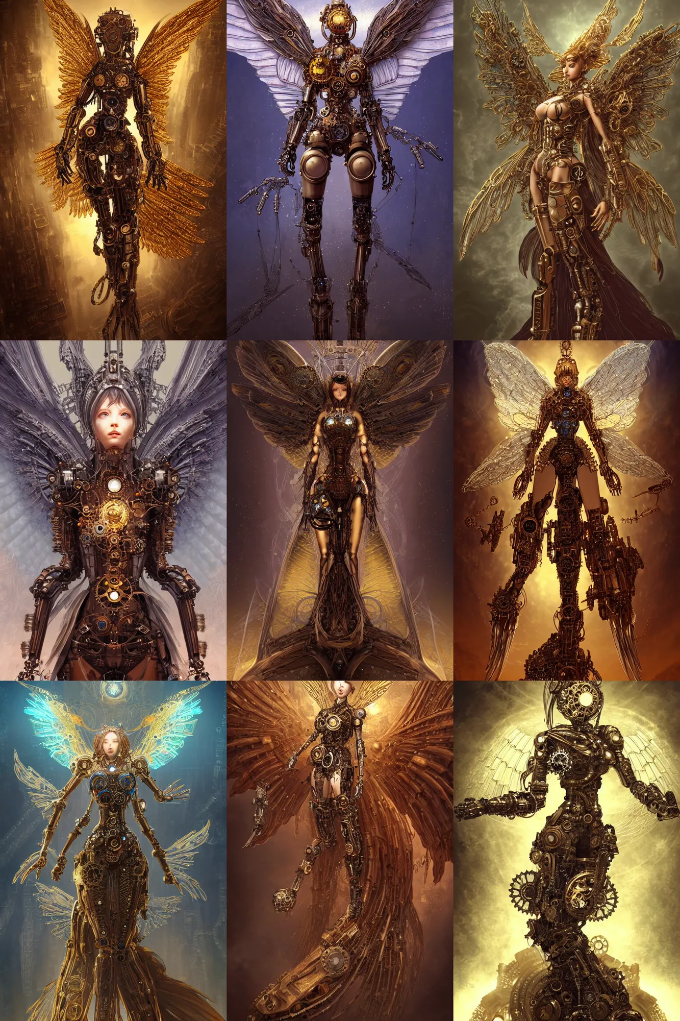 Prompt: character portrait of a steampunk robotic angel, female looking, floating gears aurora, intricate, complex, ornamental, huge wings, metal body, golden eyes, metropolis background, science fantasy, high fantasy, by Akihiko Yoshida, James_Jean_Andrei_Riabovitchev_Marc_Simonetti, Yoshitaka Amano, digital illustration, artstation