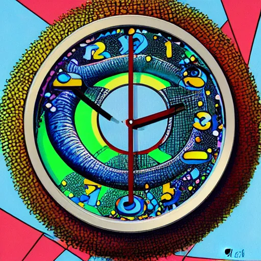 Prompt: misty deepfried hovering space sphere eel monster clock subcompact, by joe jusko and jackson pollock and georgia o'keefee, flat shading, detailed painting, seapunk