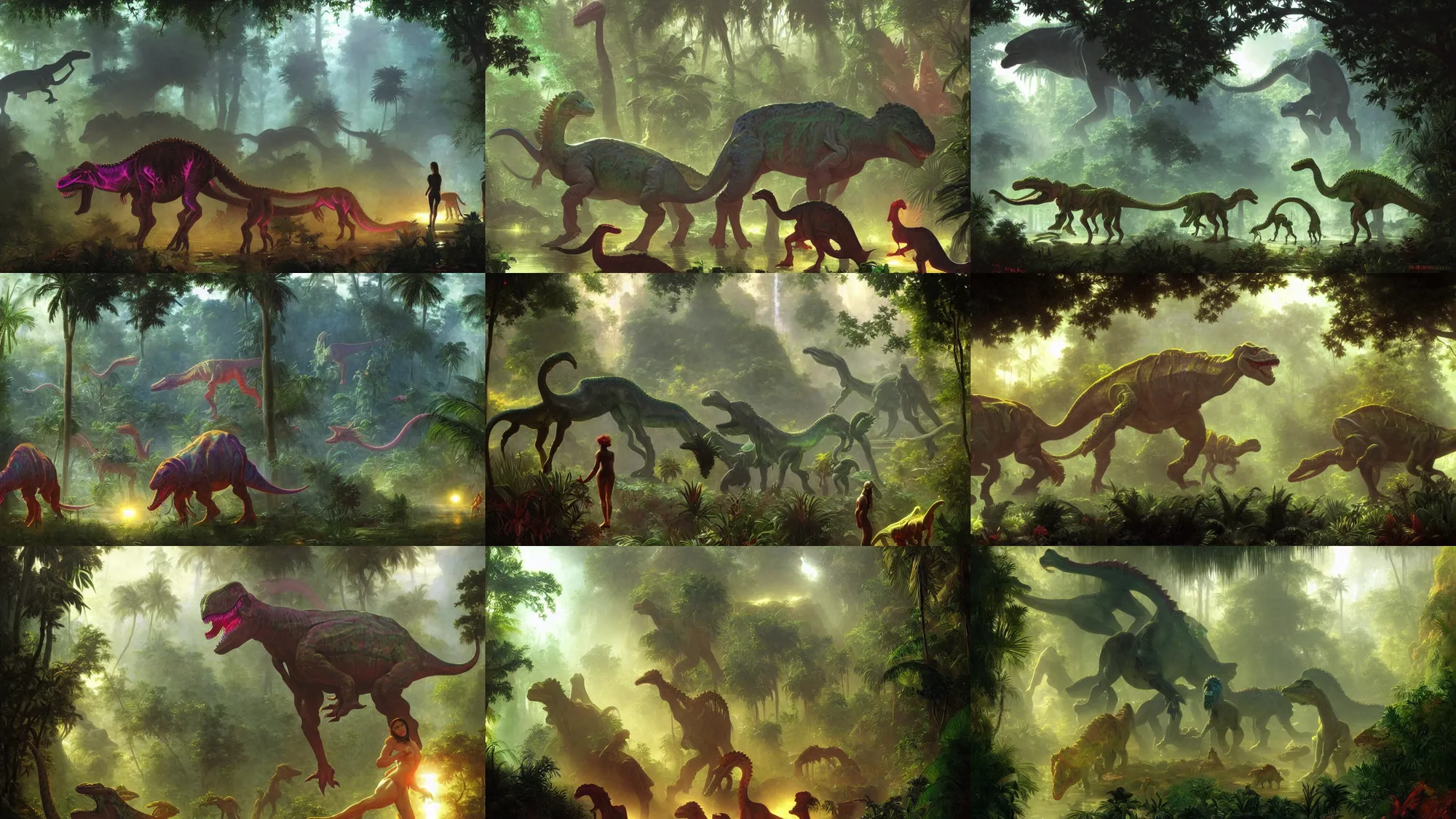 Prompt: neon glowing holographic dinosaurs, foggy jungle in the background, vibrant fantasy concept art by bouguereau