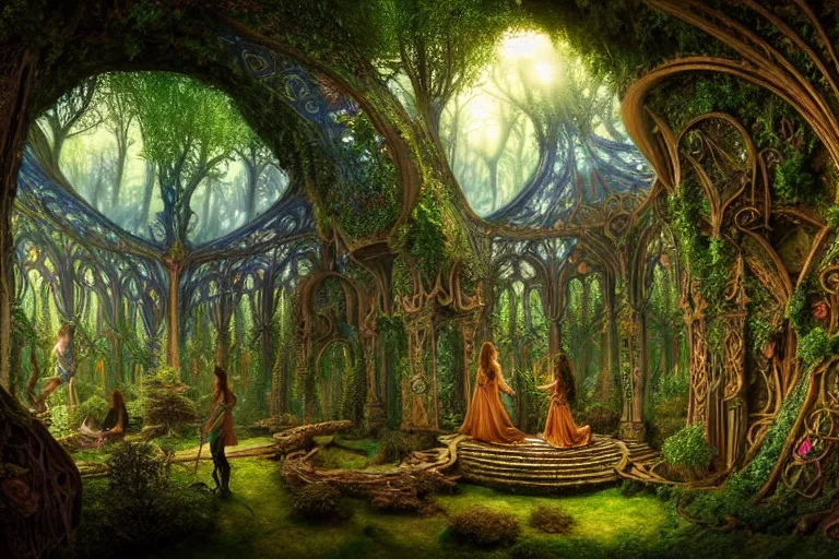 Image similar to a beautiful and highly detailed digital painting of an elven palace in a beautiful mystical forest, faerie realm, psychedelic patterns, celtic designs, intricate details, epic scale, hyperdetailed, artstation, cgsociety, 8 k, sharp focus, by caspar friedrich, albert bierstadt, james gurney, brian froud,