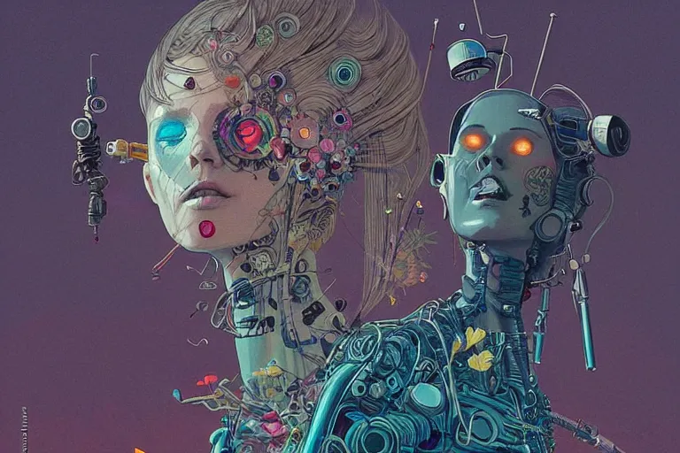 Prompt: punk androids with piercings, tattoos. smiling, happy. smoking a joint together in grasses and flowers. colorful. sci - fi. intricate. gorgeous detailed portrait. cinematic. sharp focus. octane. by stalenhag. kilian eng. mucha. alex gray. bibin. wlop.