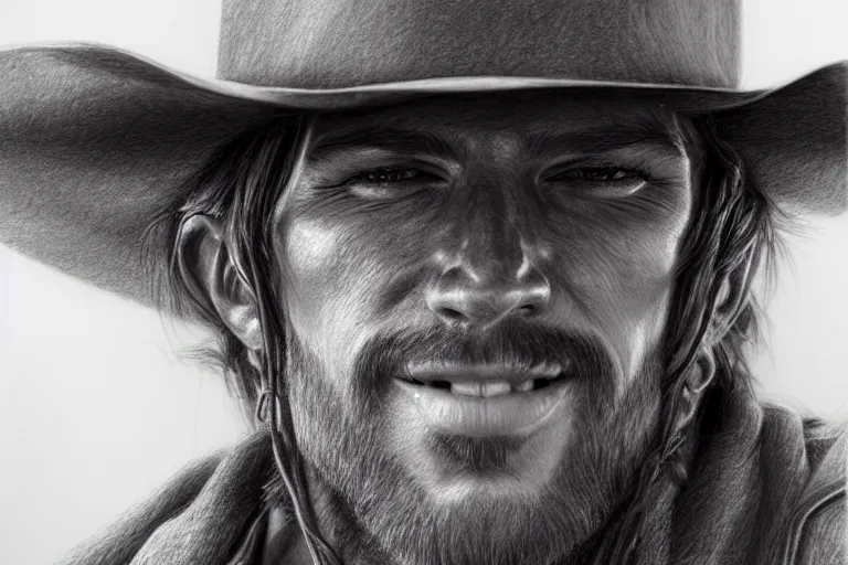 Image similar to hyperrealist pencil sketch of a cowboy by david malan, fantasy art, drawing, dynamic lighting, artstation, poster, volumetric lighting, very detailed faces, 4 k, award winning