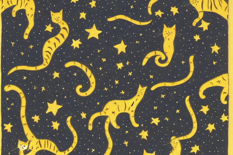 Prompt: night starry sky full of cats, by lous wain and and fernand toussaint