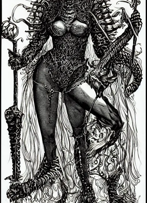 Prompt: lady dimitrescu as a D&D monster, full body, pen-and-ink illustration, etching, by Russ Nicholson, DAvid A Trampier, larry elmore, 1981, HQ scan, intricate details, Monster Manula, Fiend Folio