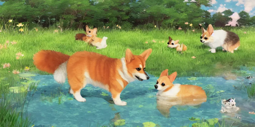 Prompt: A corgi by a pond, there is blue sky, there is water splash, there are kittens by the pond, the atmosphere is cheerful, the colors are bright, high picture quality, by Makoto Shinkai