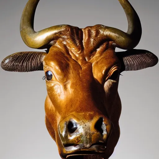 Image similar to professional color photograph of a patinated bronze portrait bust of a furious Texas longhorn steer supported by a bronze plinth, by Auguste Rodin, Jean-Leon Gerome