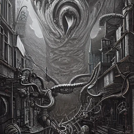 Prompt: A Lovecraftian eldritch horror rampaging through a small seaside town by H.R. Giger, trending on artstation, highly detailed, high quality