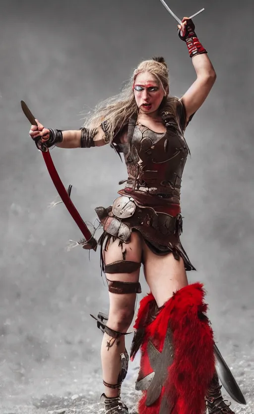 Prompt: photorealistic 3/4 photograph of beautiful female viking warrior, angry with big grey eyes, red tribal warpaint, Frank frazetta, arney freytag, octane, bokeh, 8k, action pose, bloody, cinematic, 28mm