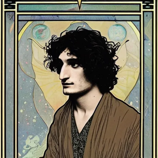 Image similar to louis garrel portrait by louis - theophile hingre and alphonse mucha, realistic, sharp focus, zodiac signs, tarot cards, planets, ethereal, art nouveau, magic, moon, sun, crown, dreamy, royal, jewellery