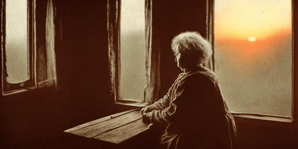 Image similar to portrait bust of old woman sitting at table, hands in pockets, looking outside, tired expression, faded color film, russian cinema, tarkovsky, technicolor, inside old cabin, next to window, heavy forest outside, long brown hair, old clothing, heavy fog, brown color palette, sunset, low light, hudson river school, 4 k, dramatic lighting