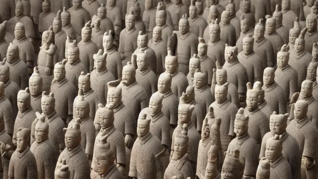 Image similar to A terracotta army of David Byrne in big suits, vintage photograph