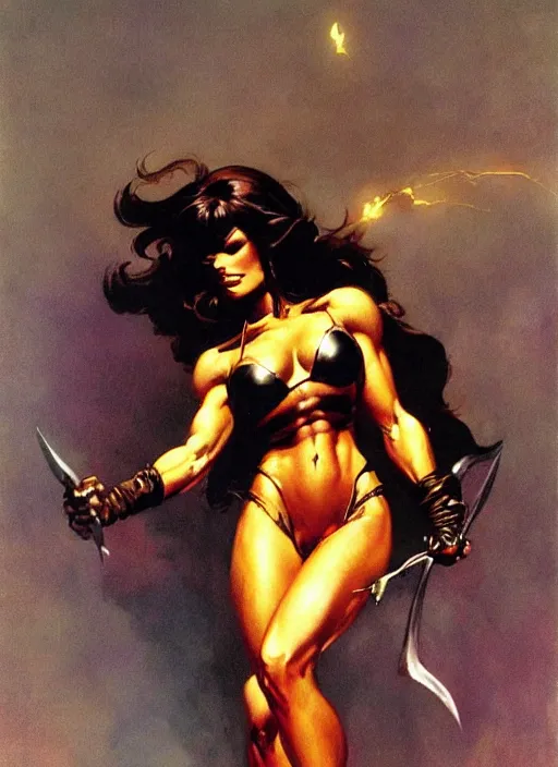 Image similar to mighty golden saint girl, strong line, deep color, beautiful! coherent! by frank frazetta, by brom, low angle