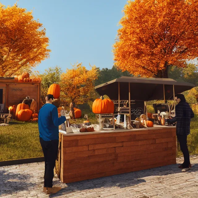 Image similar to pumpkin headed people ordering coffee at a coffee stand, maple trees with fall foliage, woodstock vermont, volumetric, realistic, cinematic lighting, ray tracing, unreal engine 5, octane render, hyper realistic, photo, 8 k