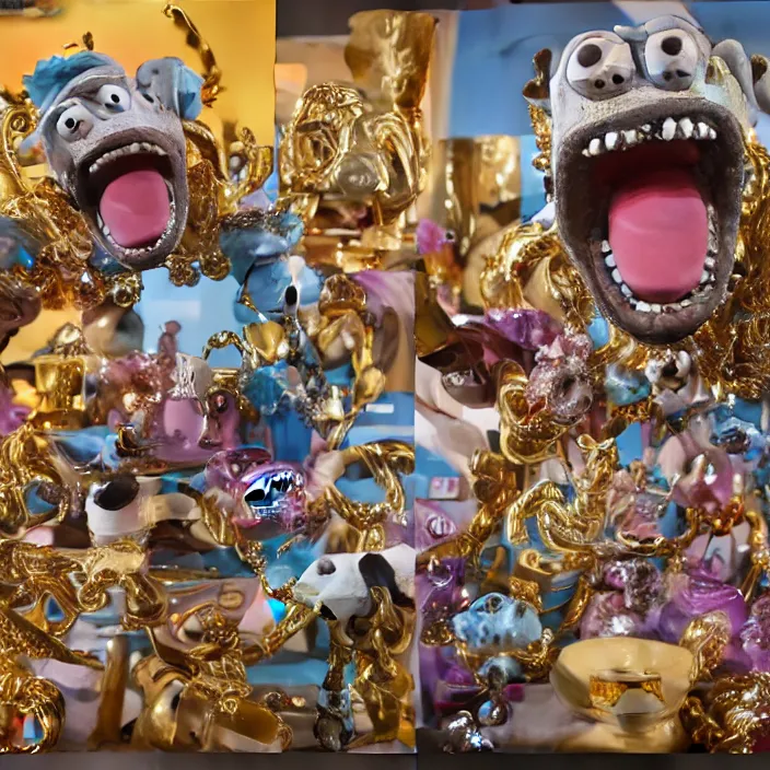 Prompt: jeff koons hip hop style street sharks wearing grillz and a ton of bussdown iced gold bling in wallace & gromit claymation, ultra realistic, concept art, intricate details, serious, highly detailed, photorealistic, octane render, 8 k, unreal engine, art by todd mcfarlane and artgerm and greg rutkowski and alphonse mucha