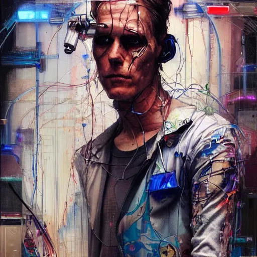 Image similar to zach greinke as a cyberpunk hacker, wires cybernetic implants, in the style of adrian ghenie, esao andrews, jenny saville, surrealism, dark art by james jean, takato yamamoto