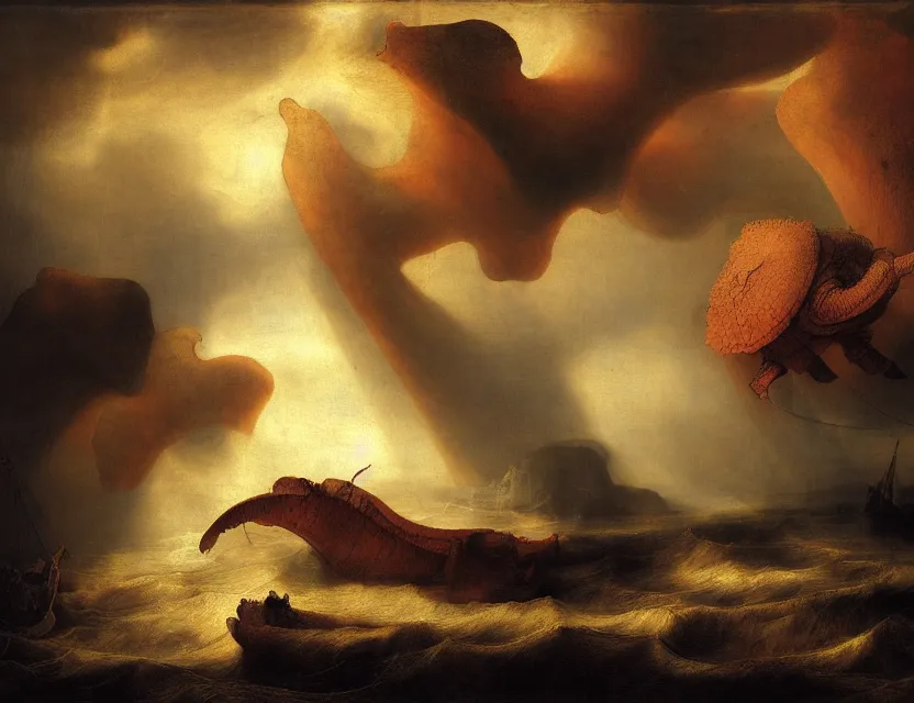 Prompt: anomalocaris at tempestuous sea, cambrian fauna, paleoart, rembrandt baroque painting, dutch golden age painting, ludolf backhuysen sea painting, mysterious, ambient light, dramatic light, soft colours