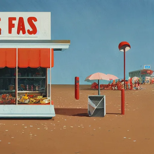 Image similar to fast food counter by the beach by simon stalenhag