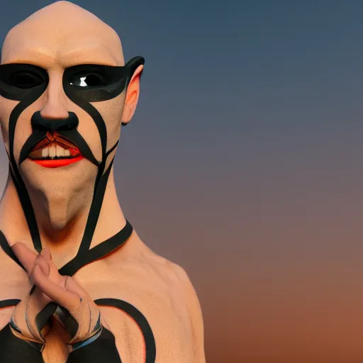 Prompt: a hyperrealistic 3d render of an aryan wizard with a goatee, wearing a harlequin mask. intricate details. arnold render. Trending on ArtStation. Centered. Vivid cinematic lighting. Desert background. In the style of LaVista.