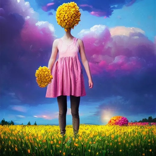 Image similar to girl with an exploding flower for a head, surreal photography, dream, standing in flower field, magical, in a valley, sunrise dramatic light, impressionist painting, colorful clouds, artstation, simon stalenhag, flower face