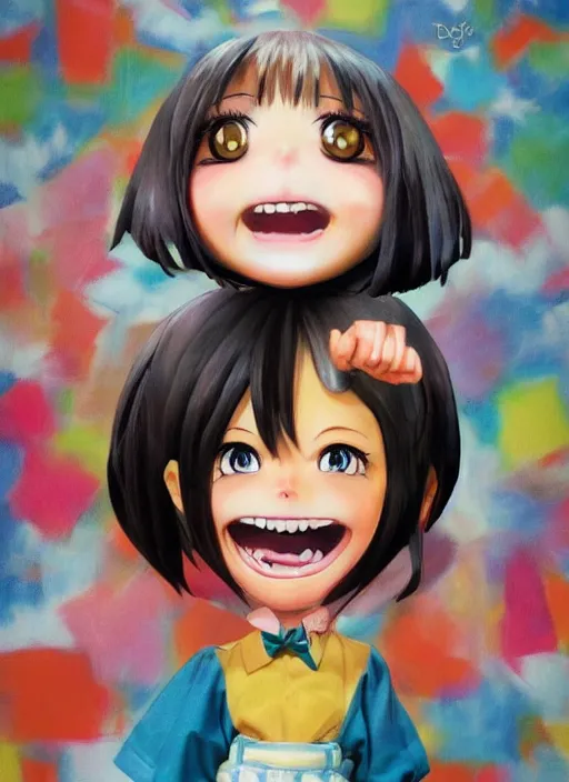 Image similar to a hyperrealistic oil panting of a kawaii anime girl figurine caricature with a big dumb grin featured on Nickelodeon by Dave McKean