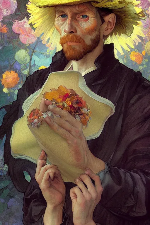 Image similar to ultra realistic illustration, vincent van goh wearing a party hat, elegant, highly detailed, digital painting, concept art, smooth, sharp focus, illustration, art by artgerm and greg rutkowski and alphonse mucha