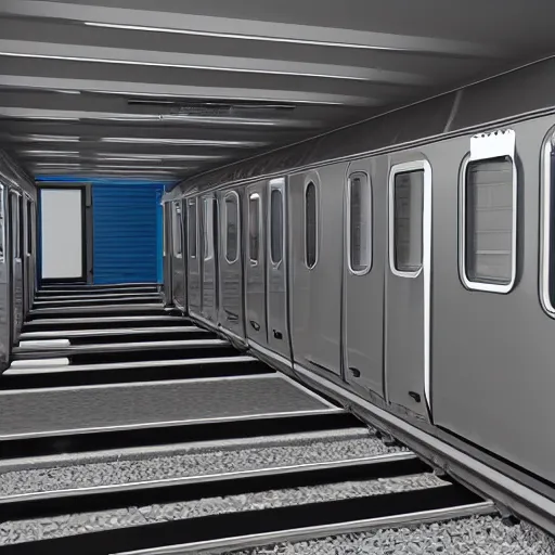 Prompt: interior train gangway section with emergency valves cabinets, 3 d render metal palettes