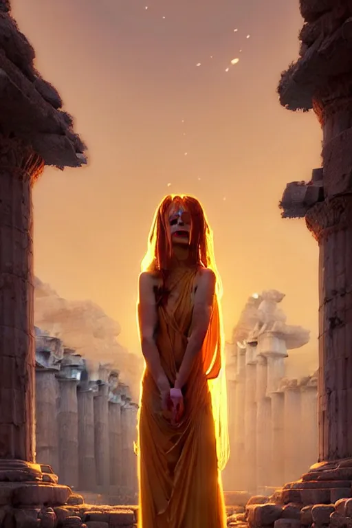 Image similar to possessed woman wearing an ancient greek tunic made of yellow paper, stephen bliss, unreal engine, fantasy art by greg rutkowski, rhads, ferdinand knab, makoto shinkai and lois van baarle, ilya kuvshinov, rossdraws, tom bagshaw, global illumination, radiant light, ancient greek temple ruins, red blue color theme