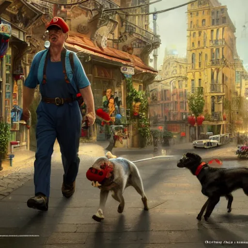 Image similar to john lock as mario walking a dog, plumbing jungle, detailed, centered, digital painting, artstation, concept art, donato giancola, joseph christian leyendecker, wlop, boris vallejo, breathtaking, 8 k resolution, extremely detailed, beautiful, establishing shot, artistic, hyperrealistic, beautiful face, octane render, cinematic lighting, dramatic lighting, masterpiece