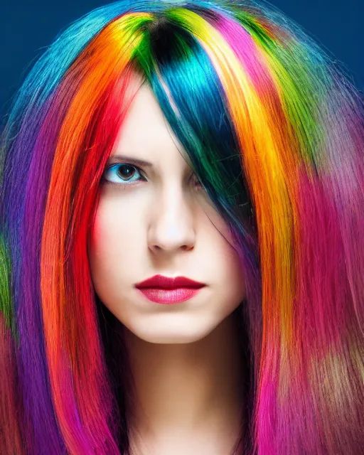 Prompt: a woman with long metallic multicolored hair, photo portrait