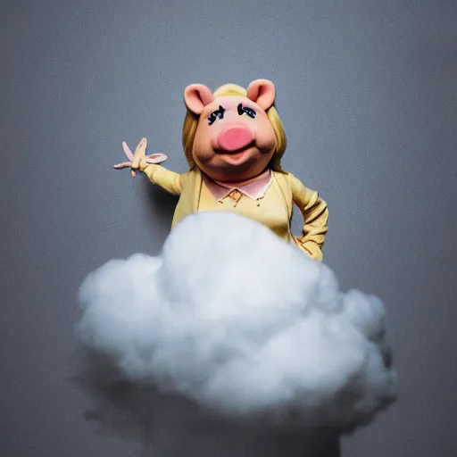 Prompt: a realistic top - down photograph of miss piggy standing next to a cloud, shot in professional studio