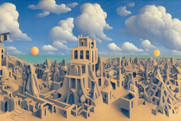 Prompt: escher sand building with a small crowd outside on a tropical island, fluffy clouds, blue sky by magritte and de chirico, surreal oil painting, hyper detailed, masterpiece 4 k