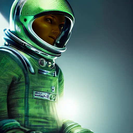 Prompt: Short long headed green skinned astronaut , diffuse lighting, intricate, elegant, highly detailed, lifelike, photorealistic, digital painting, illustration, concept art, smooth, sharp focus, A24!film cinematography, unreal engine, cinematic, hyper realism, high detail, octane render, dream like atmosphere 8k