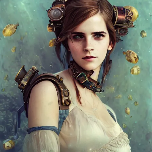 Prompt: underwater steampunk portrait of emma watson, hyper detailed, digital art, cinematic lighting, studio quality, smooth render, unreal engine 5, octane rendered, art style by klimt and nixeu and ian sprigger and wlop and krenz cushart.