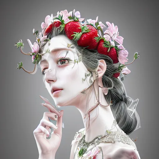 Prompt: the portrait of an absurdly beautiful, graceful, elegant, sophisticated, fashionable young idol made of strawberries and white petals with tears, an ultrafine hyperdetailed illustration by kim jung gi, irakli nadar, intricate linework, bright colors, octopath traveler, final fantasy, unreal engine 5 highly rendered, global illumination, radiant light, detailed and intricate environment