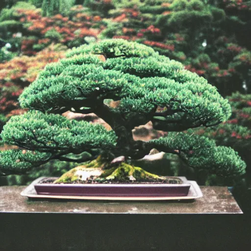 Prompt: photo of a bonsai tree on the ledge of a house in tokyo, japan, overcast, raining, disposable camera