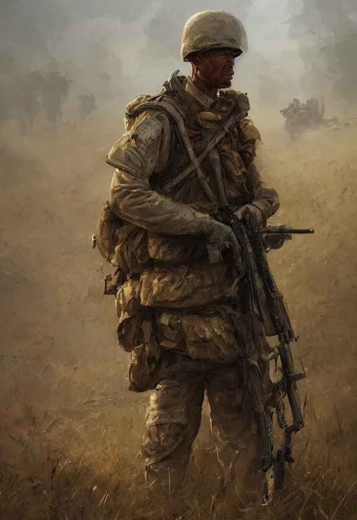 Image similar to character portrait of a vietnam war american soldier in a thematic landscape, backwards, in the style of greg rutkowski, darek zabrocki, marcin rubinkowski, lorenzo lanfranconi, oleg zherebin, karlkka, trending on artstation