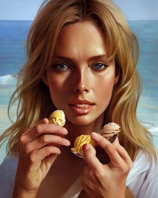 Prompt: portrait of a blonde barbara bach from the bond film eating ice creams in porto, real life skin, intricate, elegant, highly detailed, artstation, concept art, smooth, sharp focus, art by artgerm and greg rutkowski and alphonse mucha